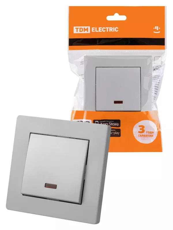 Выключатель 1 кл. с подсветкой 10А серебр. металлик "Сенеж" TDM