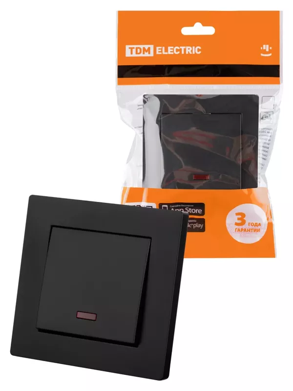 Выключатель 1 кл. с подсветкой 10А черный "Сенеж" TDM