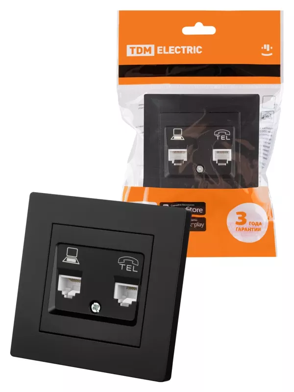 Розетка телефонная RJ11 + компьютерная RJ45 черная "Сенеж" TDM