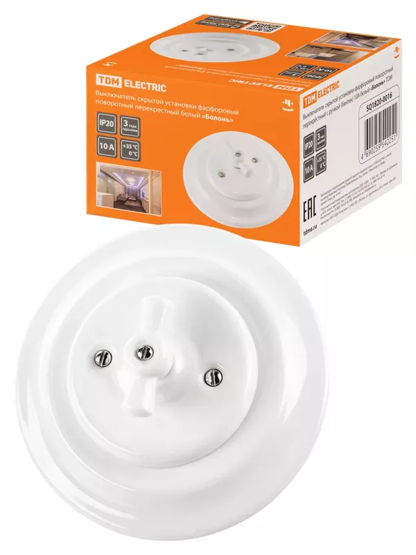 Выключатель скрытой установки фарфоровый поворотный перекрёстный с ручкой (бантик) 10А белый «Болонь» TDM