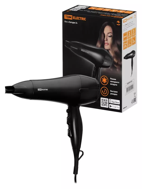 Фен "Сатурн 3", 2000 Вт, 2 скор., 3 темп. реж., режим хол. воздух, насадка-концентратор, черный, TDM