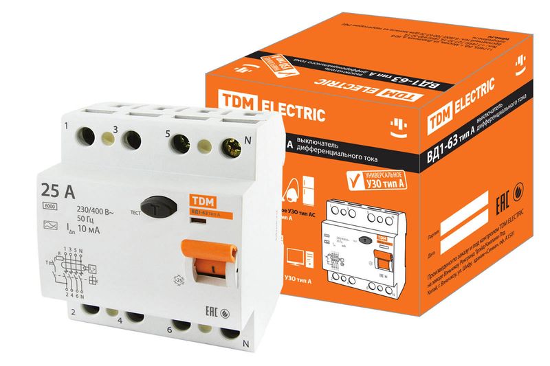 УЗО ВД1-63 4Р 25А 10мА тип А TDM SQ0203-0084