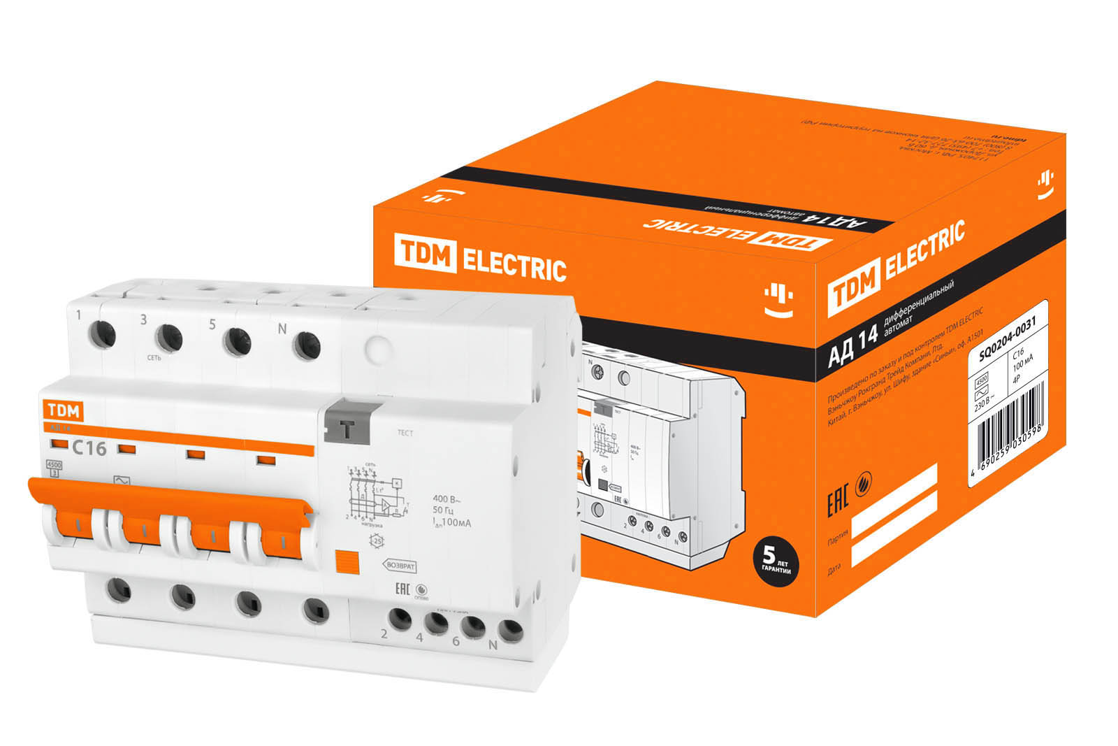 Диф.автомат АД14 4Р 16А 100мА TDM SQ0204-0031