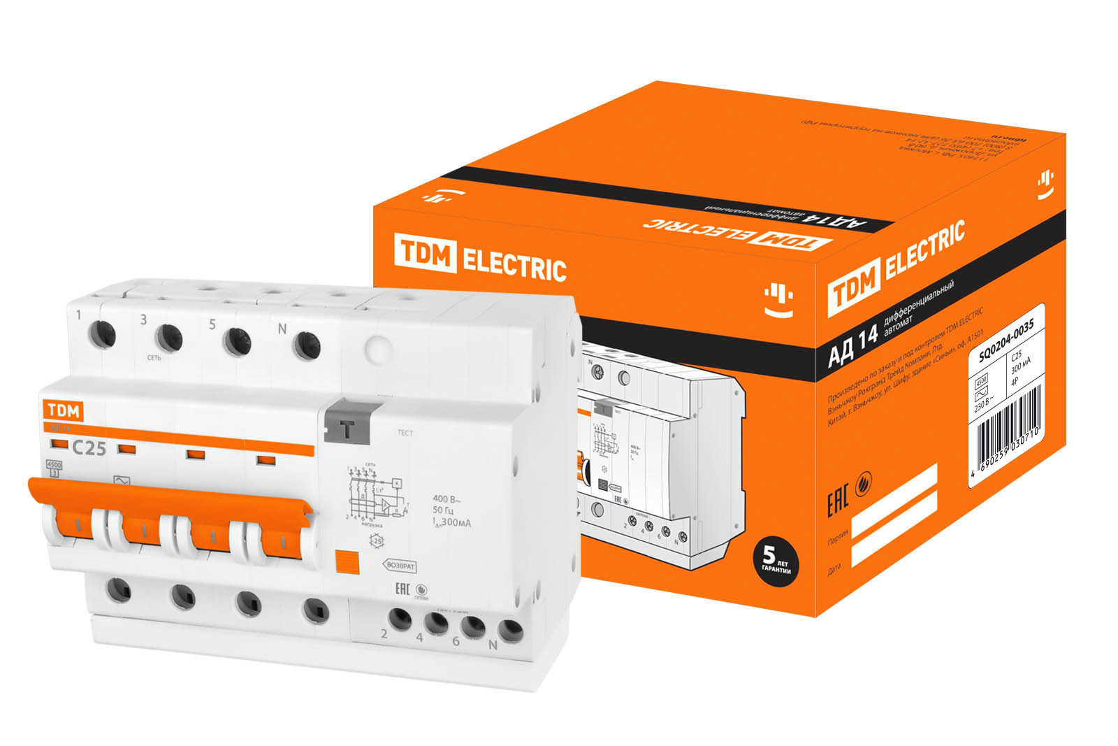 Диф.автомат АД14 4Р 25А 300мА TDM SQ0204-0035
