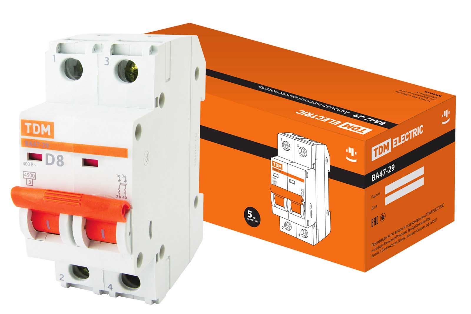 Авт. выкл.ВА47-29 2Р  8А 4,5кА х-ка D TDM SQ0206-0154