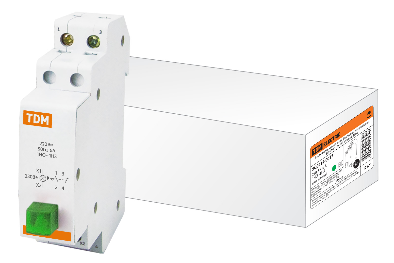 Выключатель кнопочный c фиксацией и индикацией ВК-47M 1НО,1НЗ зеленый TDM SQ0214-0017