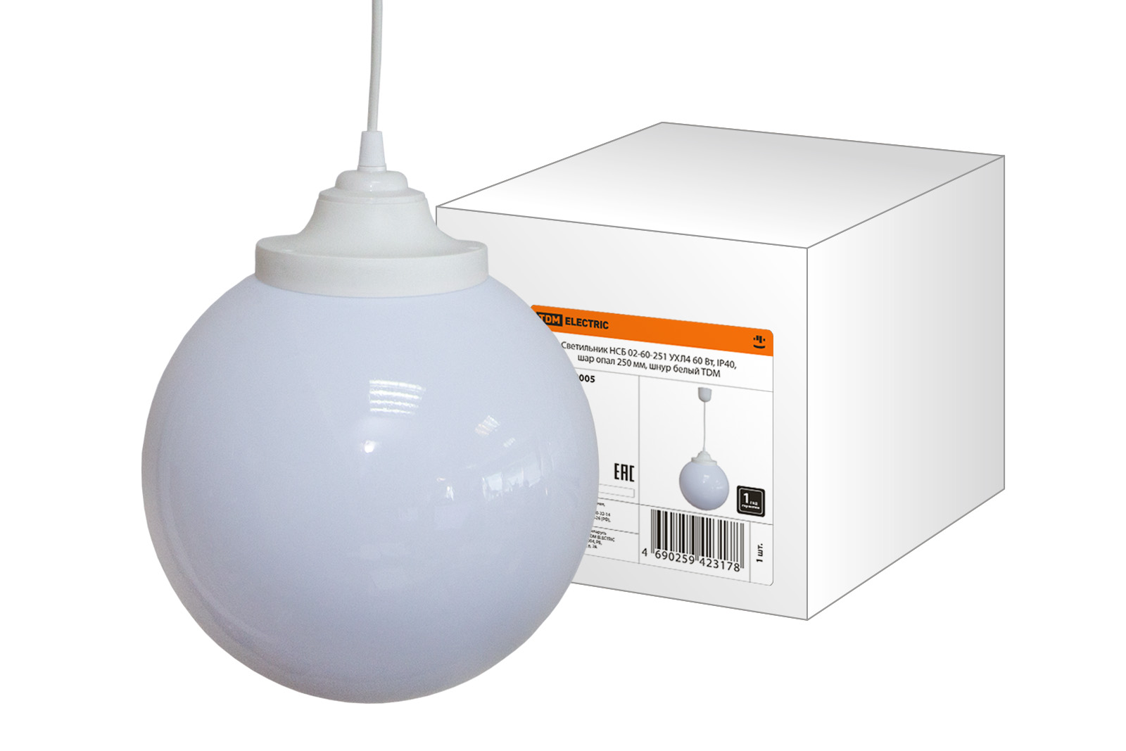 Светильник НСБ 02-60-251 УХЛ4 60 Вт, IP40, шар опал 250 мм, шнур белый TDM SQ0313-0005