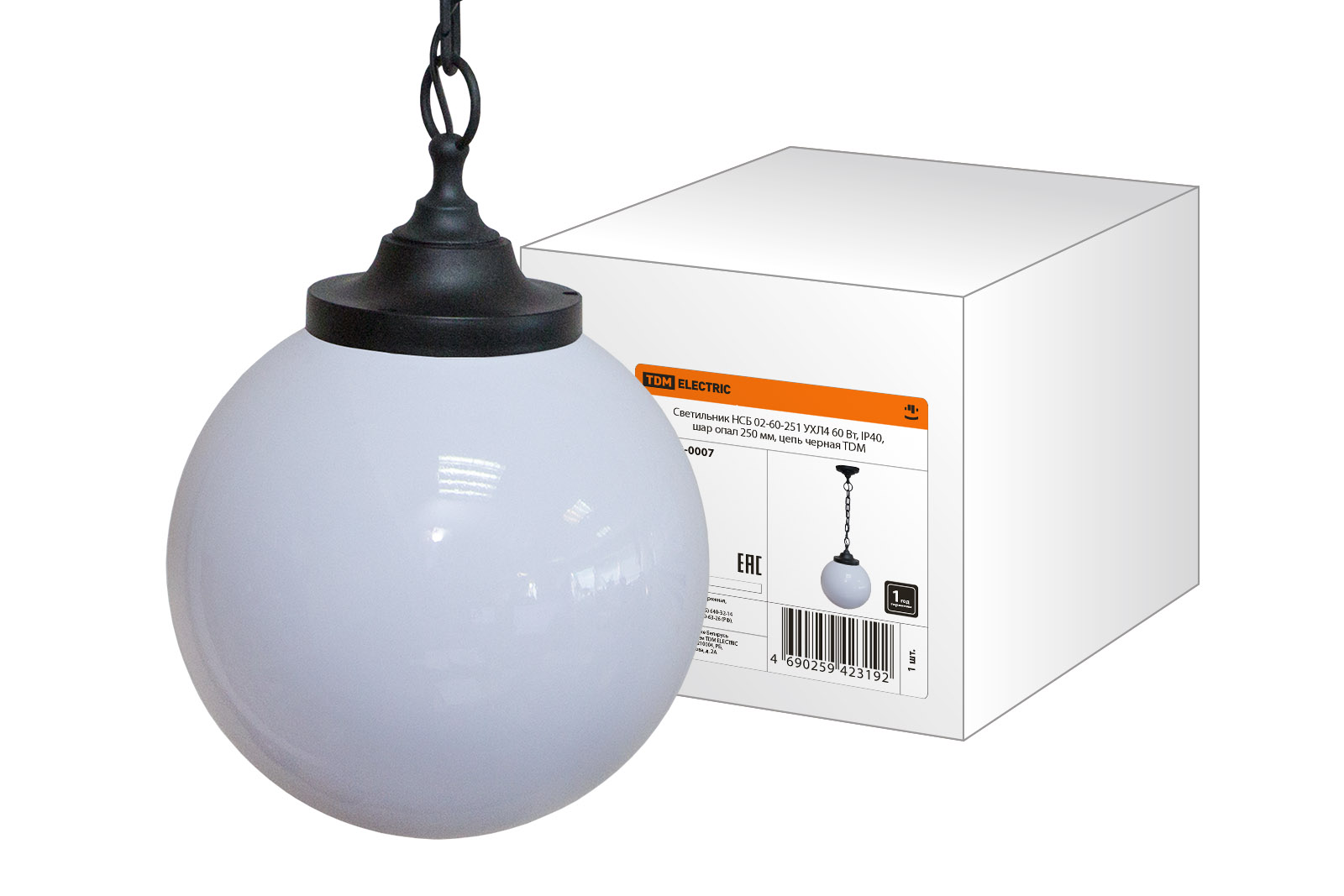 Светильник НСБ 02-60-251 УХЛ4 60 Вт, IP40, шар опал 250 мм, цепь черная TDM SQ0313-0007