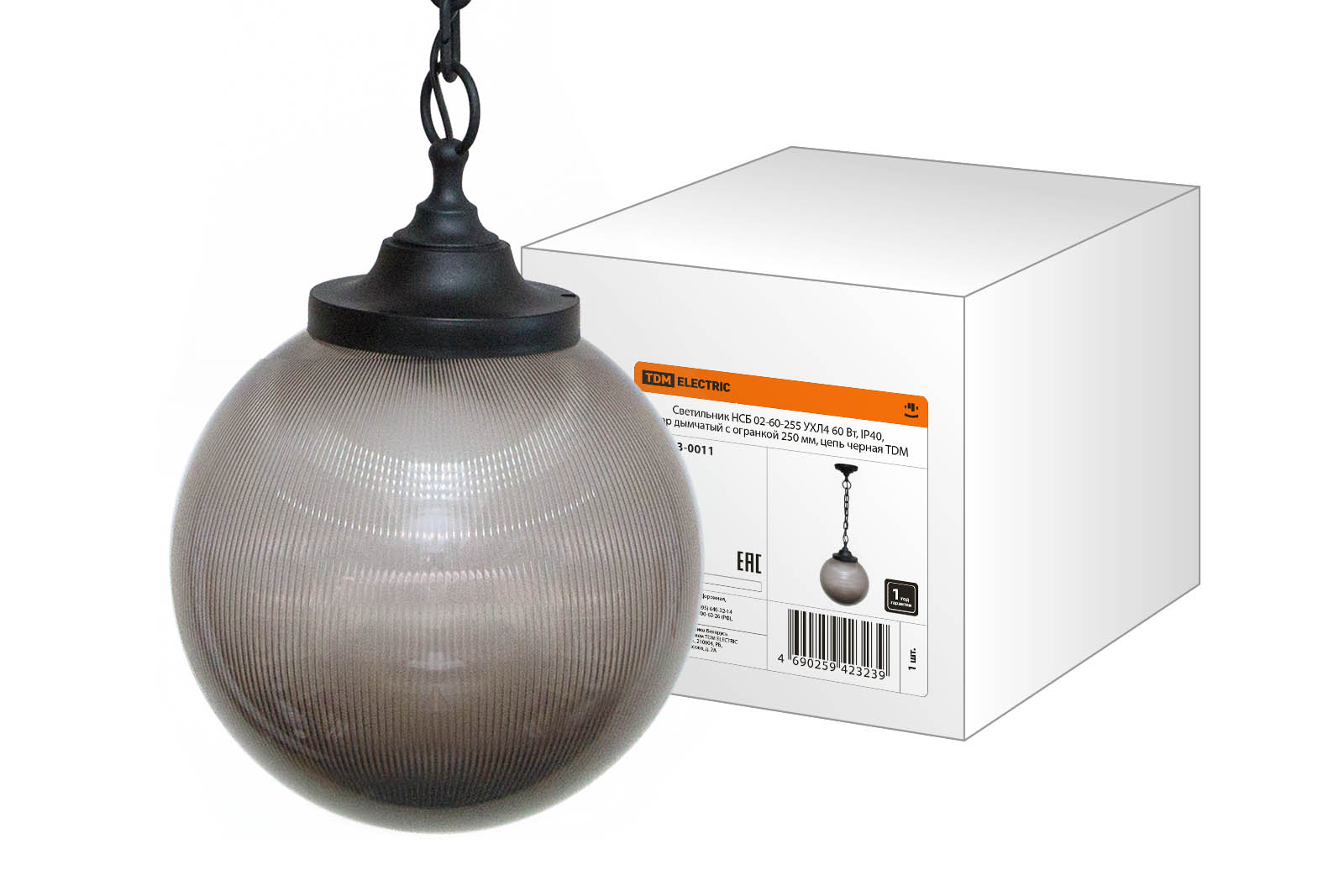 Светильник НСБ 02-60-255 УХЛ4 60 Вт, IP40, шар дымчатый с огранкой 250 мм, цепь черная TDM SQ0313-0011