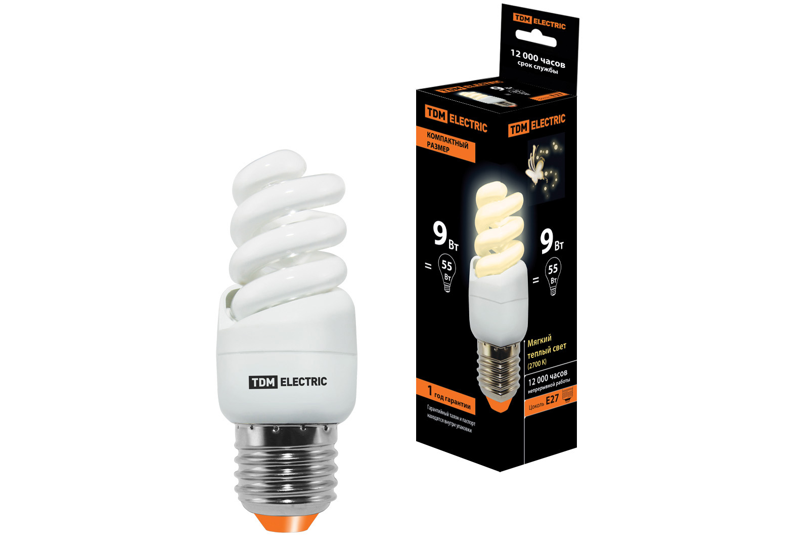 Лампа энергосберегающая КЛЛ-FSТ2-9 Вт-2700 К–Е27 КОМПАКТ (35х95 мм) TDM SQ0323-0171