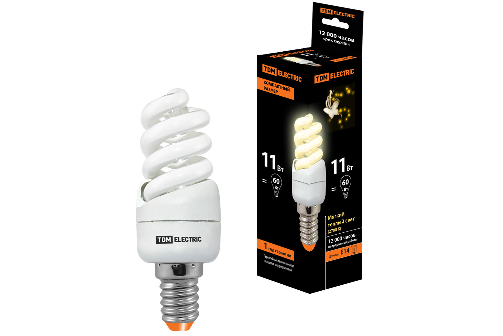 Лампа энергосберегающая КЛЛ-FSТ2-11 Вт-2700 К–Е14 КОМПАКТ (35х98 мм) TDM SQ0323-0174