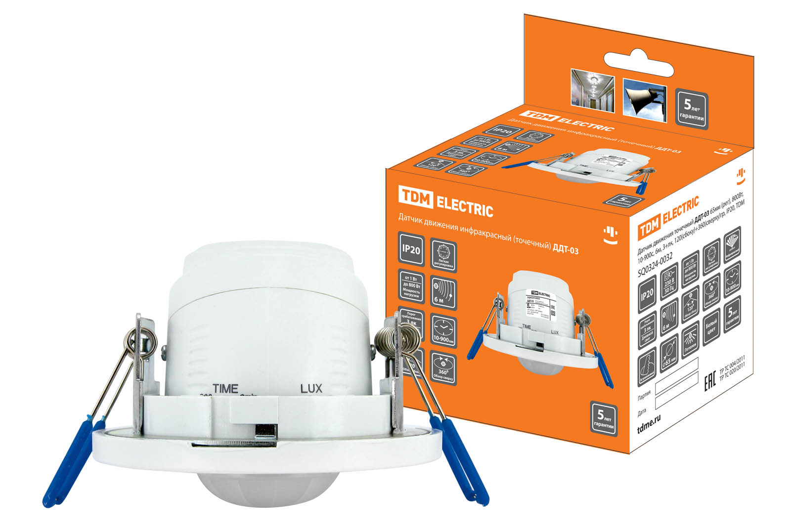 ДДТ-03 65мм (рег), 800Вт, 10-900с, 6м, 3+лк, 120(сбоку)+360(сверху)гр, IP20, TDM SQ0324-0032