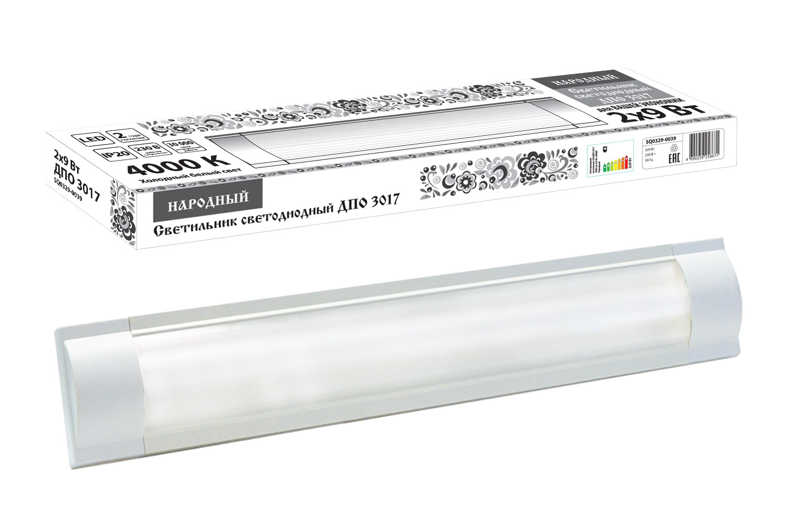 Светодиодный светильник LED ДПО 3017 1800 лм 2х9 Вт, 4000К Народный SQ0329-0039