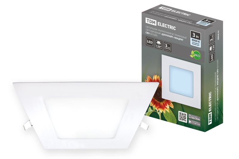 "Светильник ультратонкий встраиваемый светодиодный ""Даунлайт"" квадрат СВО (белый) 3 Вт 4000К TDM " SQ0329-0116