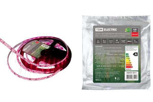 Лента светодиодная SMD2835-60 LED/м-IP65-12 В-4,8 Вт/м-красный (5 м) TDM SQ0331-0311