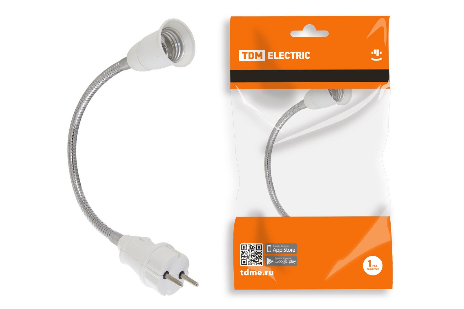 Переходник вилка-Е27 гибкий 300мм, белый, TDM SQ0335-1010