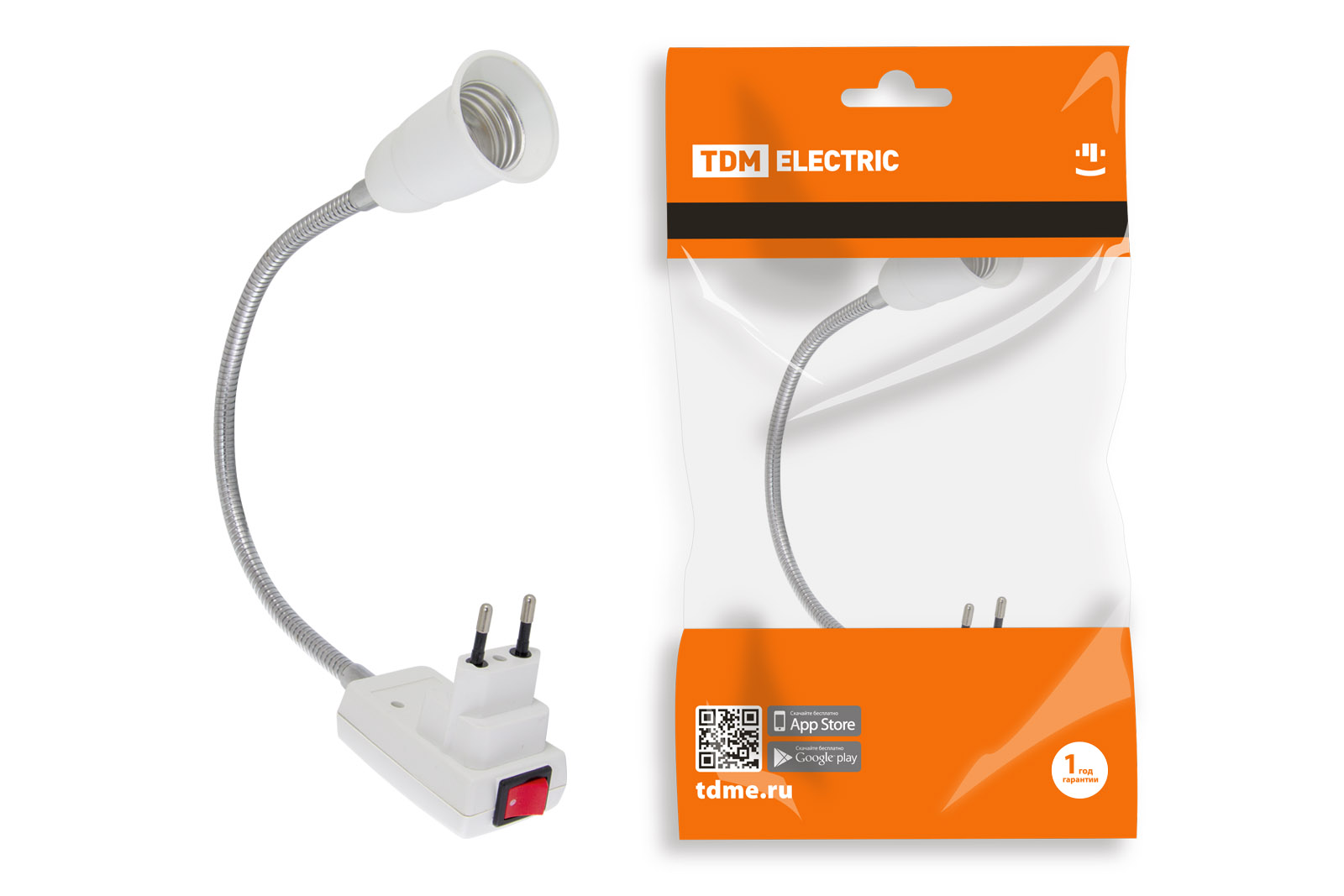 Переходник вилка-Е27 гибкий 300мм с выключателем, белый, TDM SQ0335-1011