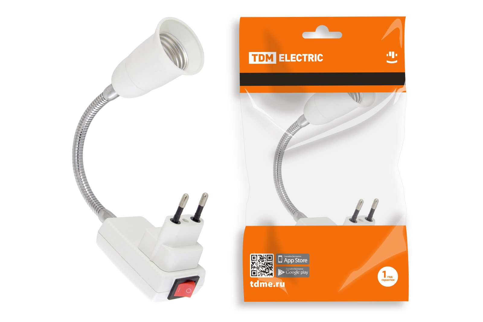 Переходник вилка-Е27 гибкий 150мм с выключателем, белый, TDM SQ0335-1012