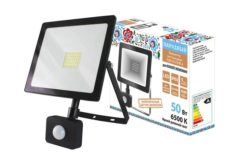 Прожектор светодиодный СДО-04-050Н-Д (с датчиком) 50 Вт, 6500 К, IP65, черный, Народный SQ0336-0204