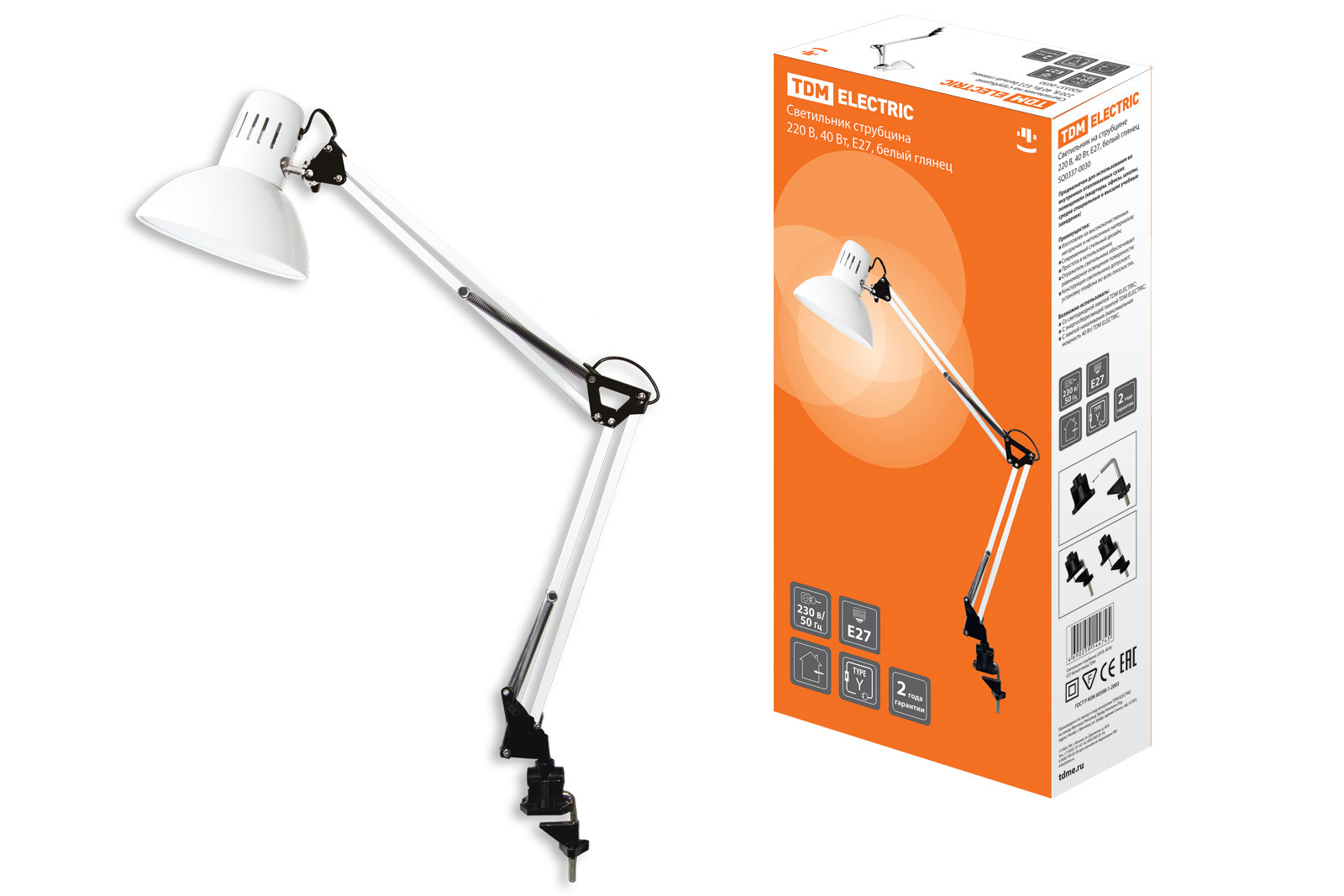 Светильник струбцина 220В, 40Вт, E27 белый глянец TDM SQ0337-0030