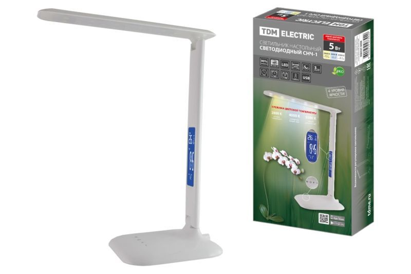 Светильник светодиодный-часы СНЧ-1, 5 Вт, календ., терм-р, 2800-5500 К, сенсор-димм, USB, белый, TDM SQ0337-0098