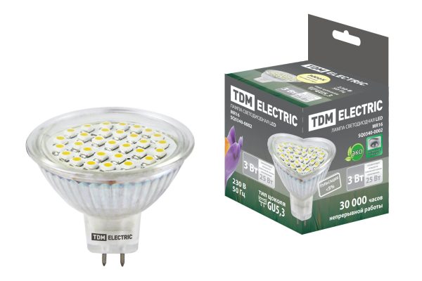 Лампа светодиодная MR16-3 Вт-220 В -3000 К–GU 5,3 SMD TDM SQ0340-0002