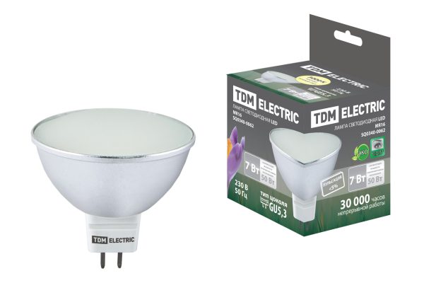 Лампа светодиодная MR16-7 Вт-220 В -3000 К–GU 5,3 SMD (с матовым стеклом) TDM SQ0340-0062