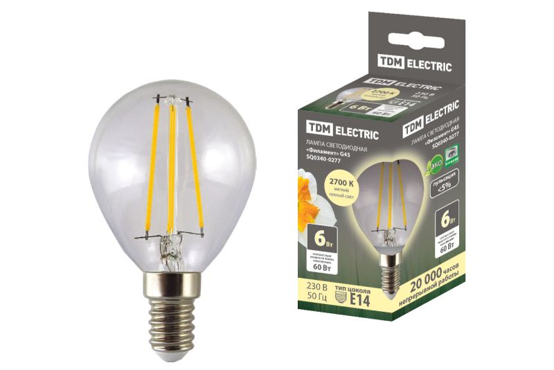 "Лампа светодиодная ""Филамент"" G45-6 Вт-230 В-2700 К–E14 TDM" SQ0340-0277