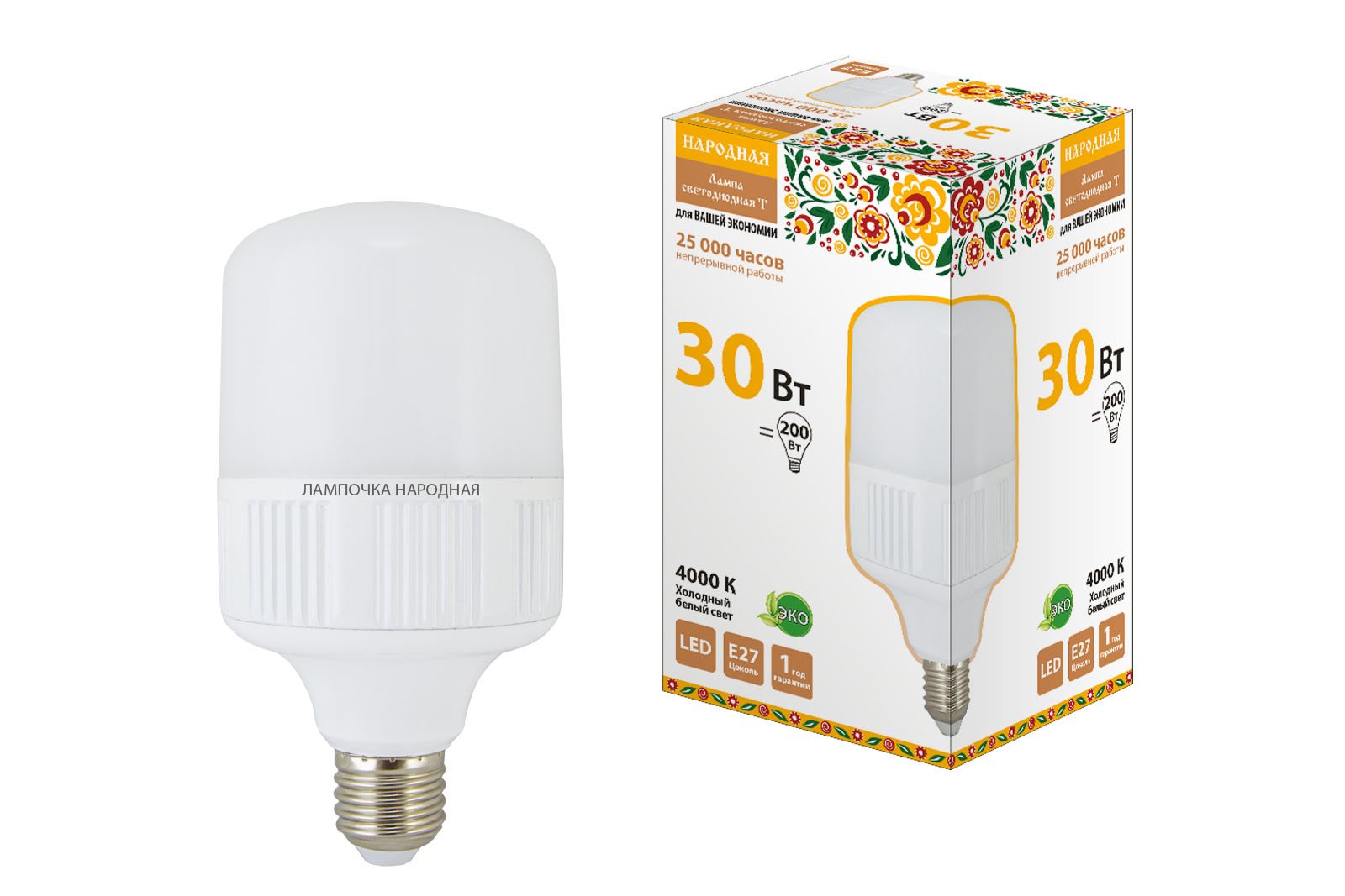Лампа светодиодная T-30 Вт-230 В-4000 К–E27(100x178 мм) НАРОДНАЯ SQ0340-1577