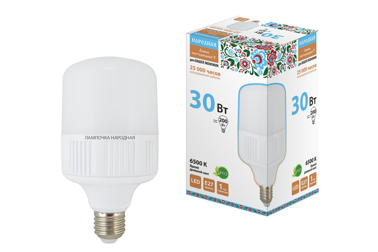Лампа светодиодная T-30 Вт-230 В-6500 К–E27(100x178 мм) НАРОДНАЯ SQ0340-1578