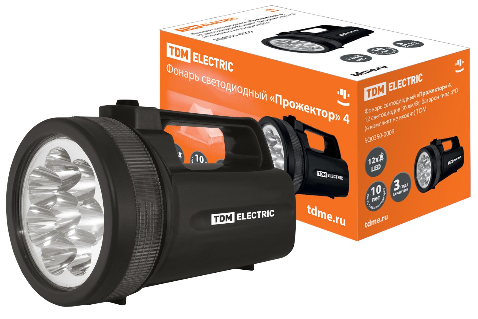 "Фонарь ""Прожектор"", светодиодный, 12 светодиодов 36 лм/Вт, бат. 4*D TDM " SQ0350-0009