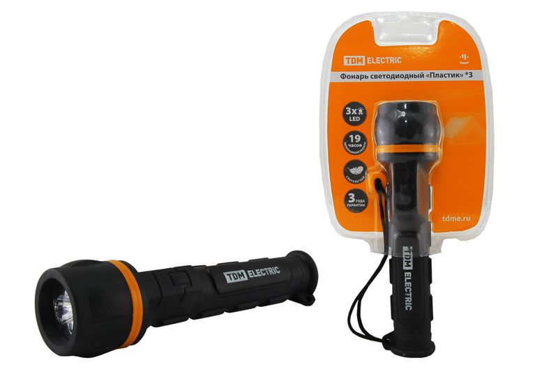 "Фонарь светодиодный ""Пластик"", обрезиненный, 3 светодиода 9 лм/Вт, бат. 2*AA TDM" SQ0350-0014