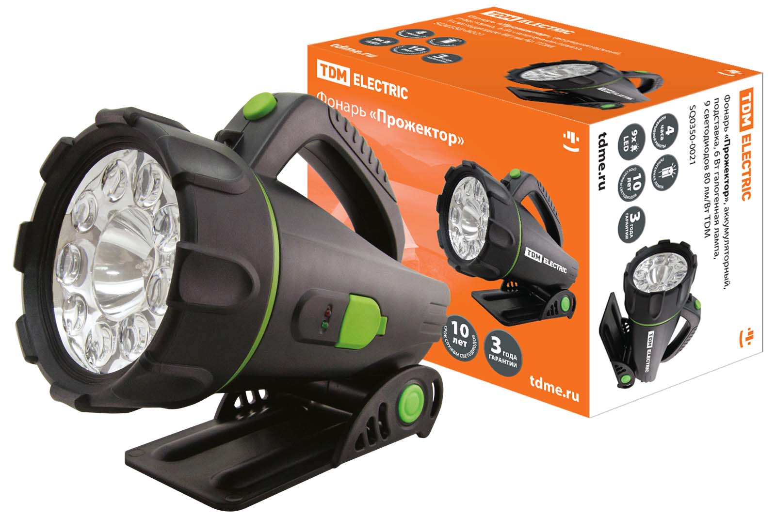 "Фонарь ""Прожектор"", аккумуляторный, подставка, 6 Вт галогенная лампа, 9 светодиодов 80 лм/Вт TDM" SQ0350-0021