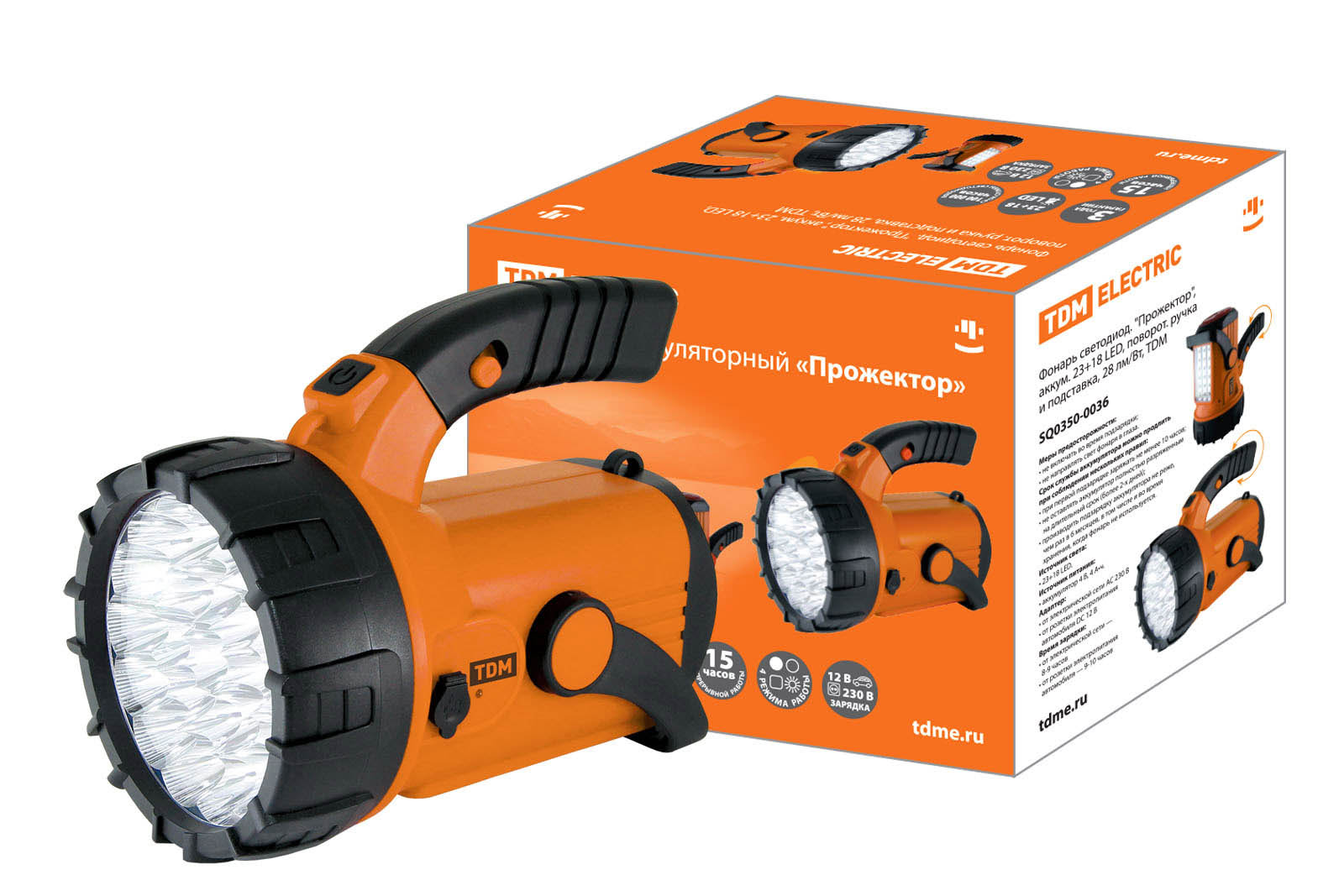 "Фонарь светодиод. ""Прожектор"", аккум. 23+18 LED, поворот. ручка и подставка, 28 лм/Вт, TDM" SQ0350-0036