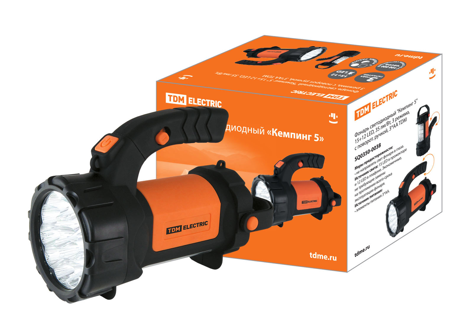 "Фонарь светодиодный ""Кемпинг 5"" 15+12 LED, 35 лм/Вт, 3 режима, с поворот. ручкой, 3*АА TDM" SQ0350-0038