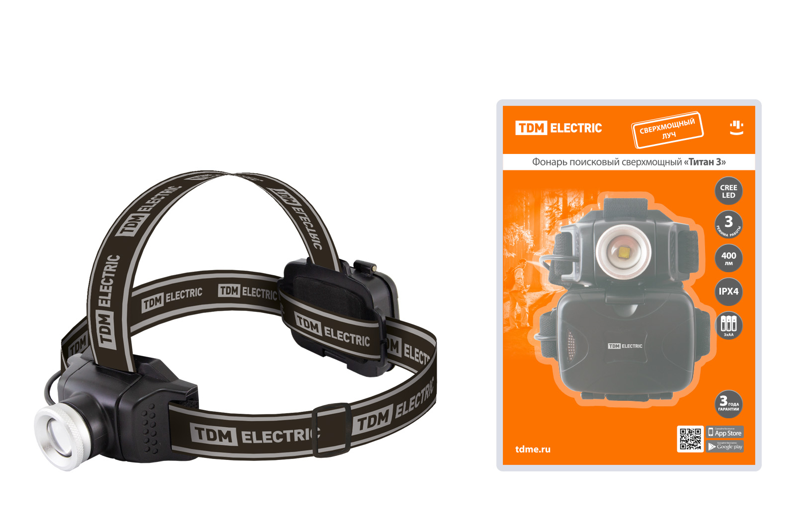 Фонарь «Титан 3» налобный, 6 Вт 1 светодиод CREE 400 лм, 3хАА , IPX4, TDM SQ0350-0100