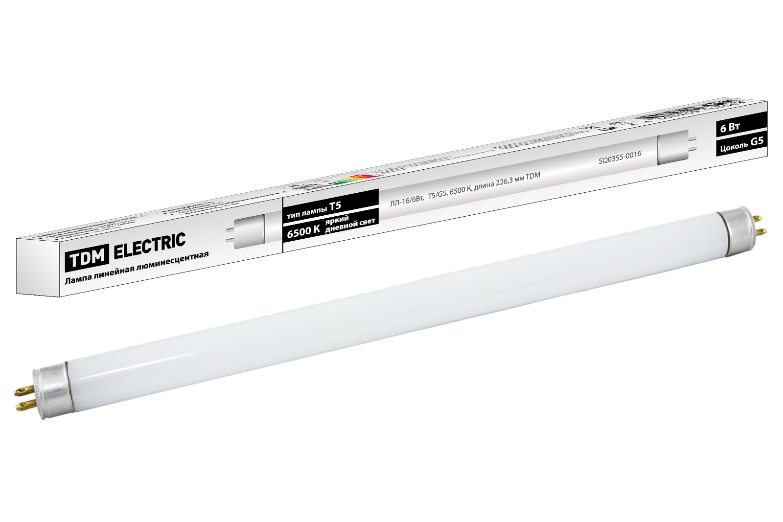 Лампа люминесцентная линейная двухцокольная ЛЛ-16/6 Вт, T5/G5, 6500 К, длина 226,3мм TDM SQ0355-0016