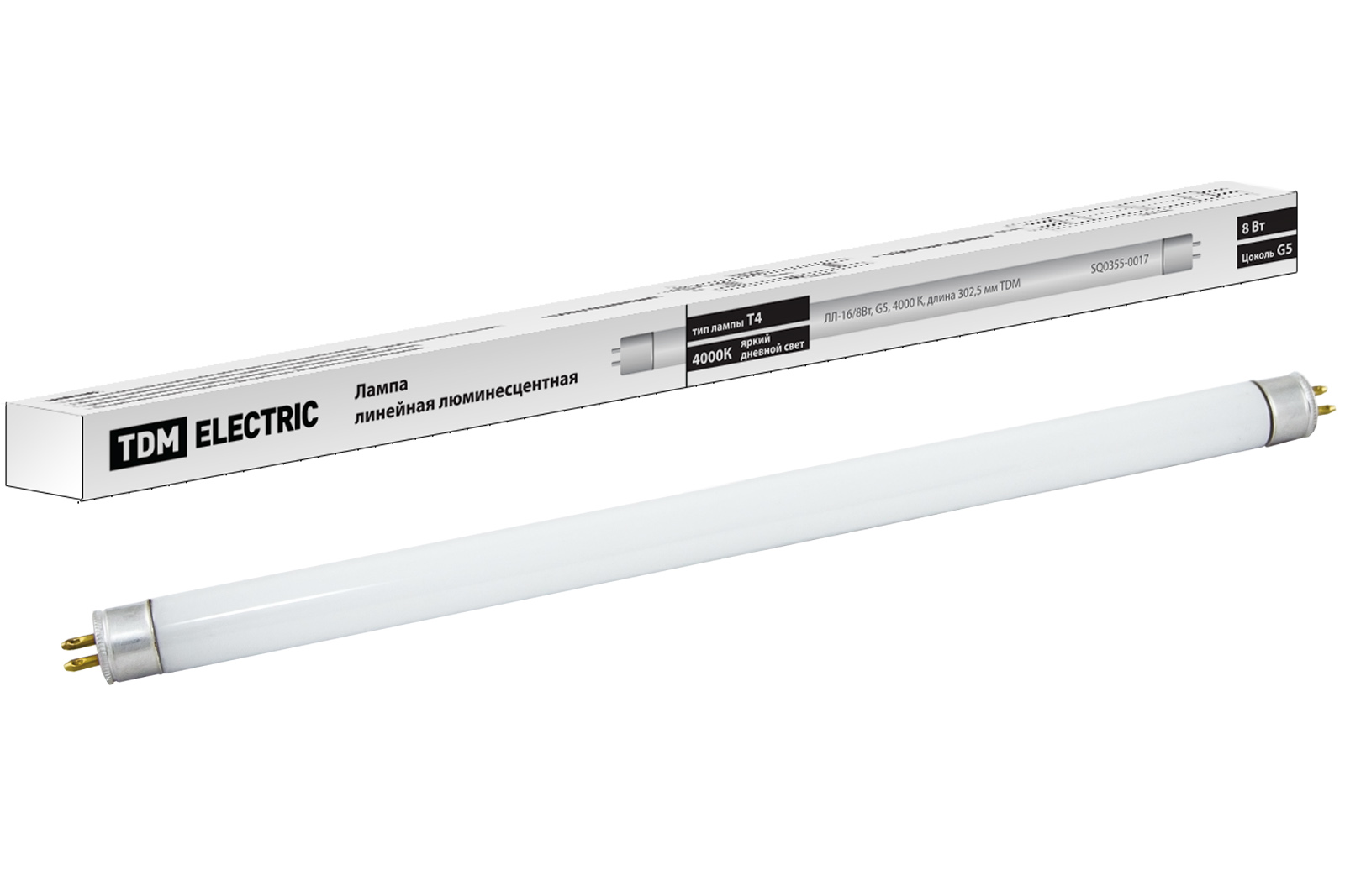 Лампа люминесцентная линейная двухцокольная ЛЛ-16/8 Вт, T5/G5, 4000 К, длина 302,5мм TDM SQ0355-0017