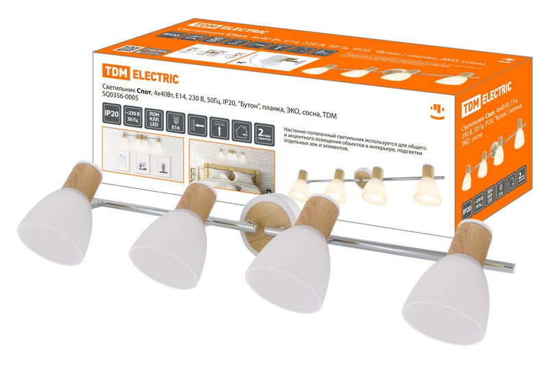 "Светильник Спот, 4х40Вт, Е14, 230 В, 50 Гц, IP20, ""Бутон"", планка, ЭКО, сосна, TDM" SQ0356-0005