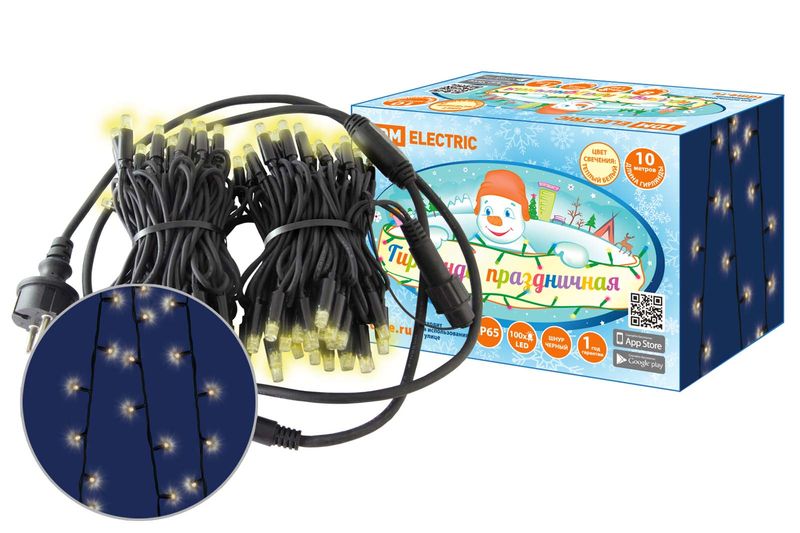 Гирлянда светодиодная СГУ100БТ10, 10м, 3000К, каучук чер., посл. подкл, IP65, 250 В, TDM SQ0361-0042