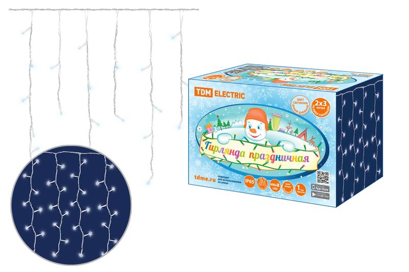 "Гирлянда светодиодная ""Занавес"" 2х3м, 600LED, 6500К, бел. шнур, посл. подкл, IP65, 250 В, TDM" SQ0361-0045