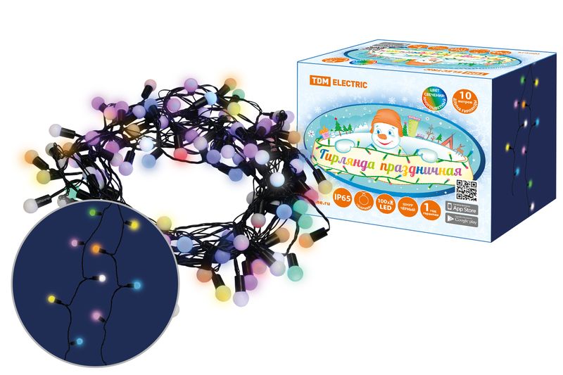 "Гирлянда светодиодная ""Шарики"" 100LED, 10м, многоцвет., каучук чер., посл.подключ., 250 В, IP65, TDM" SQ0361-0065