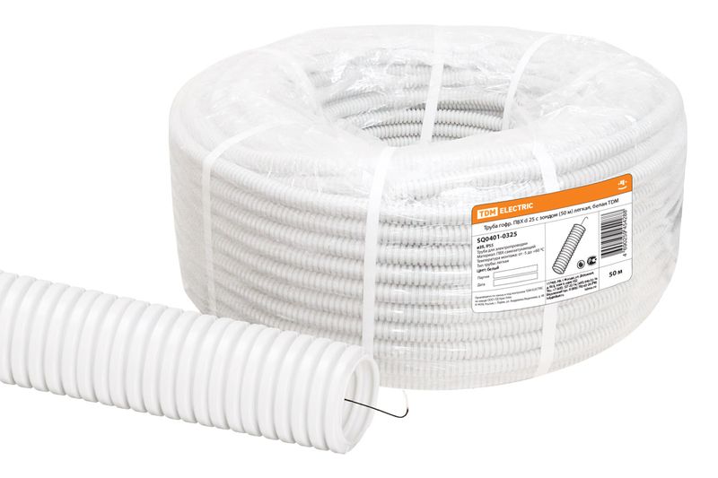 Труба гофрированная ПВХ d 25 с зондом (50 м) легкая, белая TDM SQ0401-0325