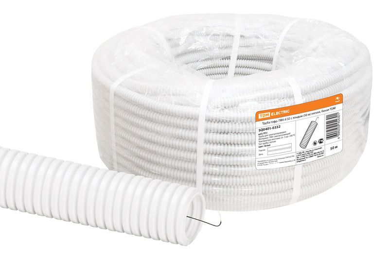Труба гофрированная ПВХ d 32 с зондом (50 м) легкая, белая TDM SQ0401-0332