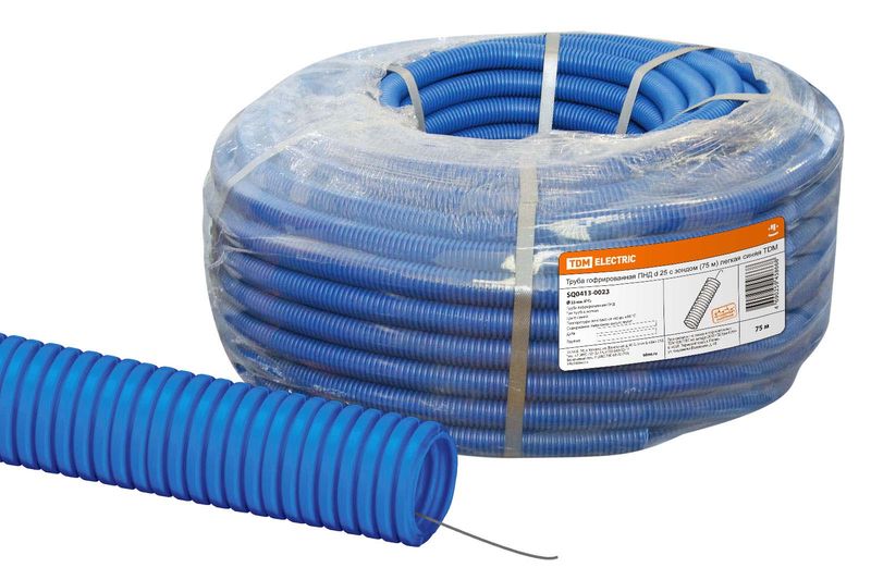 Труба гофрированная ПНД d 25 с зондом (75 м) легкая синяя TDM SQ0413-0023