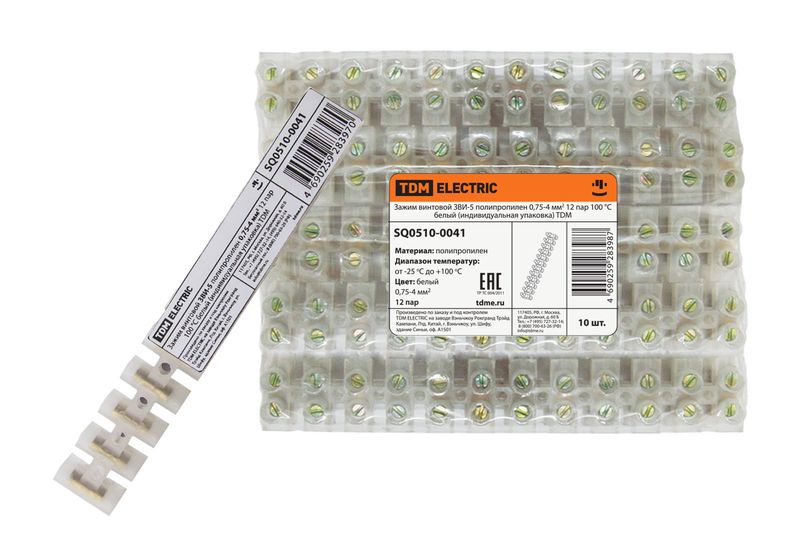 Зажим винтовой ЗВИ-5 полипропилен 0,75-4мм2 12пар 100°С белый (индивидуальная упаковка) TDM SQ0510-0041