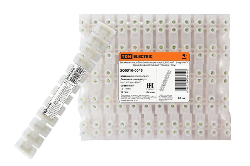 Зажим винтовой ЗВИ-30 полипропилен 1,5-10мм2 12пар 100°С белый (индивидуальная упаковка) TDM SQ0510-0045