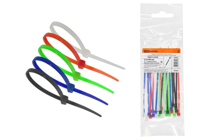 Хомуты 2,5х100 цветные набор  5 цветов (черный, белый, красный, синий, зеленый) (25 штук) TDM SQ0515-0358