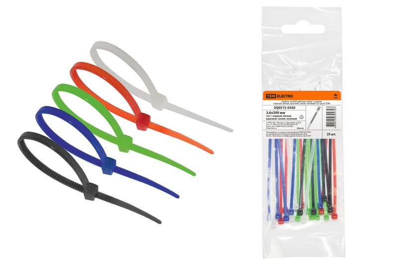Хомуты 3,6х200 цветные набор  5 цветов (черный, белый, красный, синий, зеленый) (25 штук) TDM SQ0515-0360