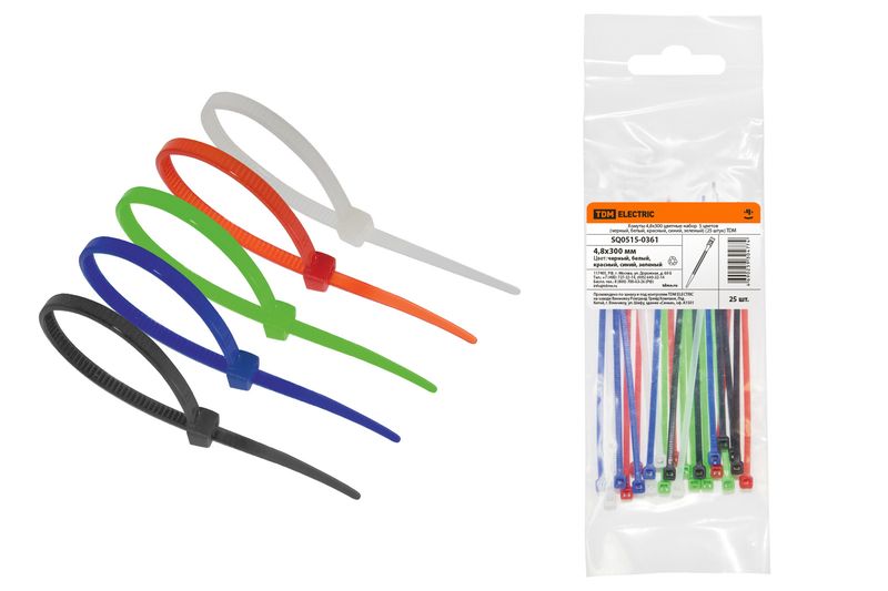 Хомуты 4,8х300 цветные набор  5 цветов (черный, белый, красный, синий, зеленый) (25 штук) TDM SQ0515-0361
